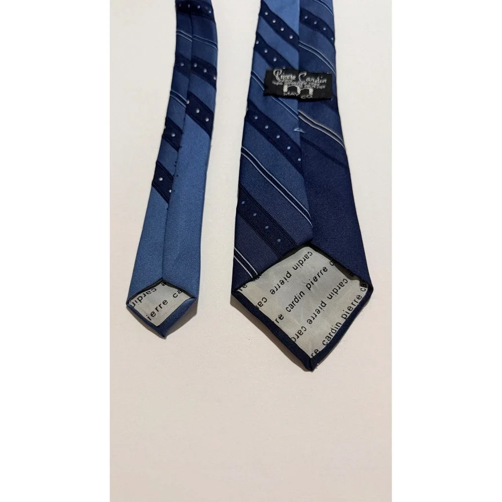 Pierre Cardin Necktie 1970s Blue Striped Polka Dot Wide Blade Vintage Tie